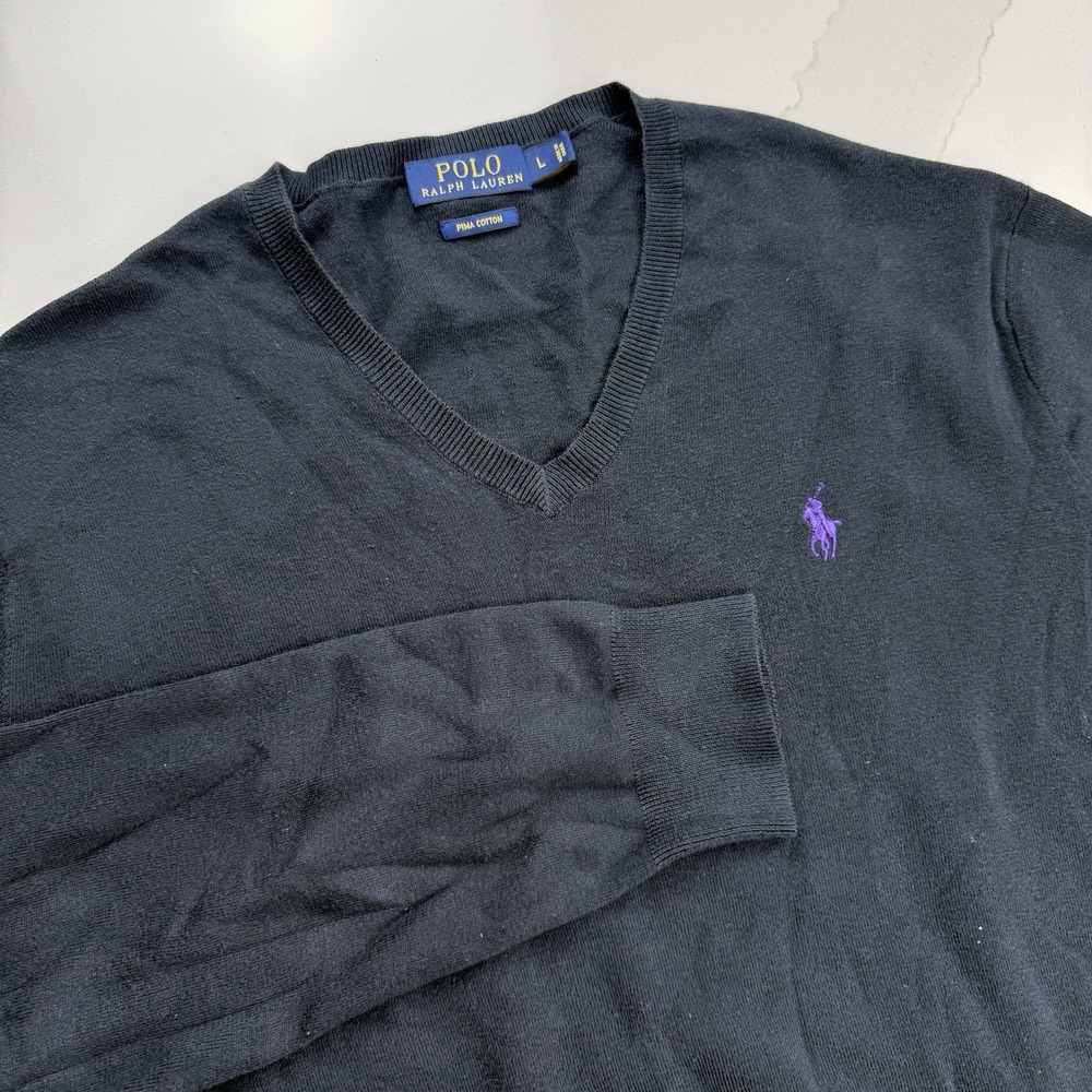 Polo‎ Ralph Lauren V Neck Sweater Mens L Black Pima Cotton Purple Pony Preppy